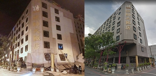Imagens do hotel Marshal antes e depois do terremoto em Taiwan - AFP e Reprodução/Google  - AFP e Reprodução/Google 