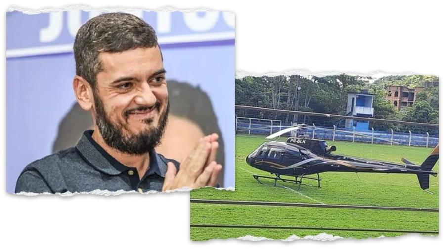 O deputado estadual Rodrigo Bacellar (PL) e o helicóptero ligado a empresa suspeita de envolvimento com rede de garimpo ilegal de ouro - Reprodução