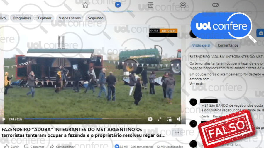 13.fev.2023 - É falso que vídeo mostre agricultor argentino jogando fezes no MST - Arte/UOL Confere sobre Reprodução/Facebook