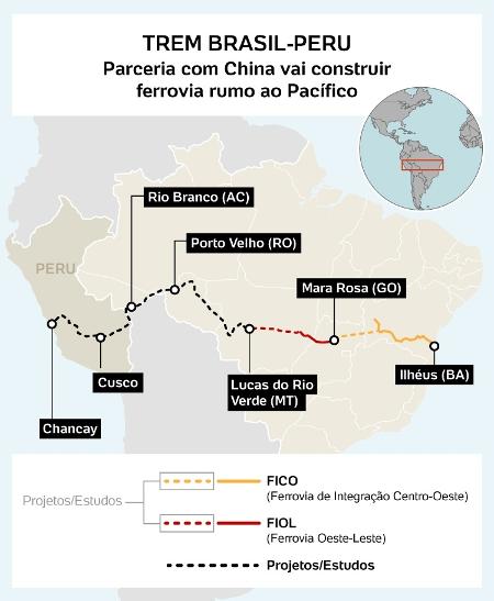Mapa mostra plano de ferrovia Brasil - Peru Mapa mostra plano de ferrovia Brasil - Peru