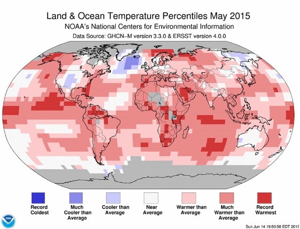 Ilustração registra o aumento na temperatura em termos globais, de acordo com estudo do NOAA - NOAA