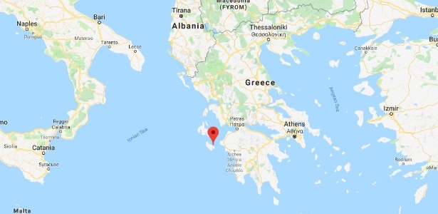 Apontada no mapa, a ilha de Zakynthos, onde o trerremoto desta quinta-feira foi sentido - Reprodução/Google Maps