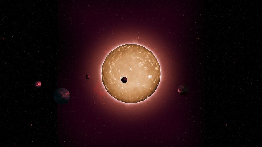 Ilustração artística divulgada pela Nasa mostra o sistema Kepler-444 com cinco planetas - Tiago Campante/Peter Devine