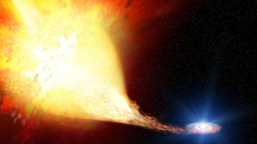 Imagem artística de estrela supergigante vermelha (esq.) explodindo depois de transferir gás hidrogênio para a estrela azul (dir.) - Agência Espacial Europeia e Justyn R. Maund (Universidade de Cambridge)