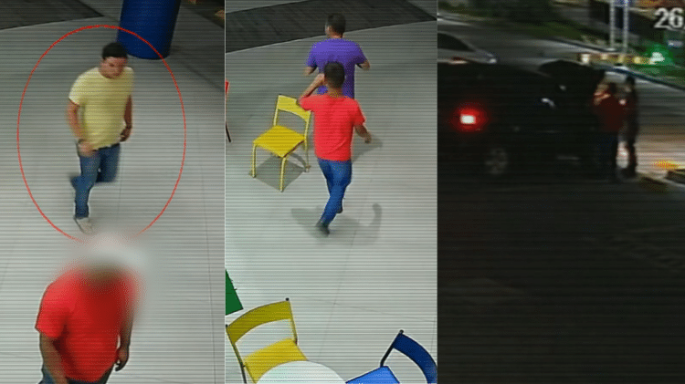 Leonardo (de amarelo) foi flagrado conversando com o adolescente (de blusa vermelha) e o motorista de aplicativo, Adriano (de camiseta azul), no estacionamento