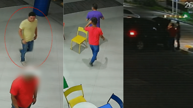 Leonardo (de amarelo) foi flagrado conversando com o adolescente (de blusa vermelha) e o motorista de aplicativo, Adriano (de camiseta azul), no estacionamento. As imagens foram veiculadas pelo Fantástico (TV Globo).