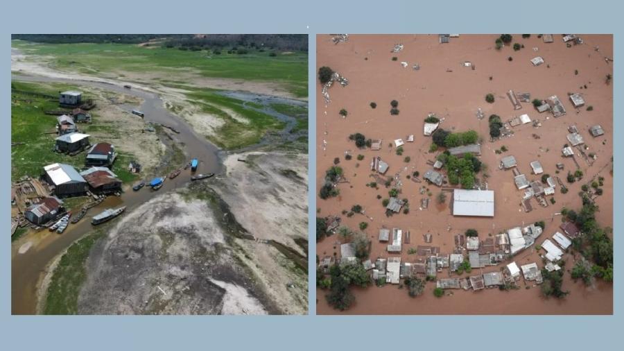 As duas fotos são de setembro do ano passado. A primeira mostra seca no lago Tefé, no Amazonas; a segunda, a enchente em Encatado, no Vale do Taquari, no Rio Grande do Sul; tragédia se repete agora