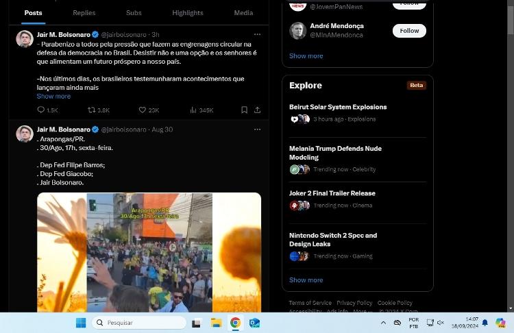 O ex-presidente Jair Bolsonaro (PL) postou na rede social nesta quarta-feira (18); o UOL acessou a rede social de dentro do prédio do STF