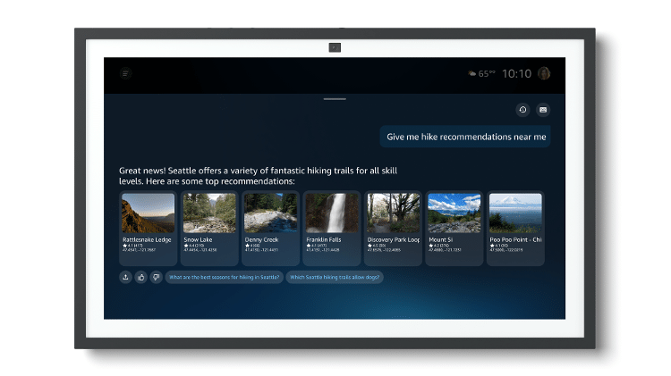 Alexa+ poderá dar sugestões de locais para escalar próximo à sua localidade, como exibido no exemplo Alexa+ poderá dar sugestões de locais para escalar próximo à sua localidade, como exibido no exemplo