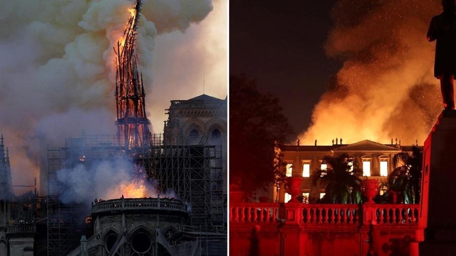 A Catedral de Notre-Dame, em Paris, e o Museu Nacional, no Rio, ambos destruídos pelo fogo - Arte/UOL