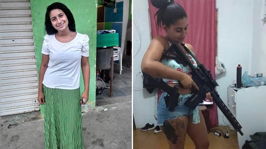 À esquerda, Rayane Silveira em 2016, época em que frequentava cultos religiosos, e à direita empunhando arma em 2019 - Reprodução/Arquivo Pessoal
