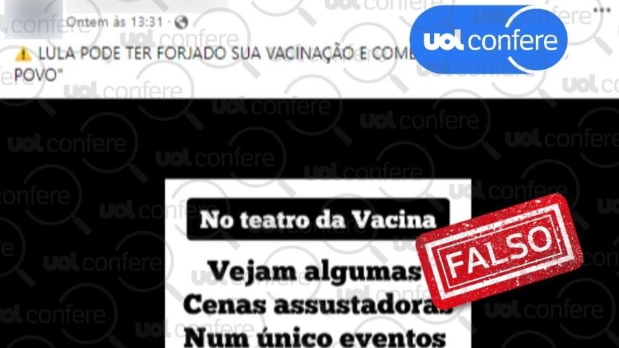 01.mar.2023 - Vacina foi aplicada no presidente Lula pelo vice Geraldo Alckmin seguindo todos os protocolos de saúde - Arte/UOL Confere sobre Reprodução/Facebook
