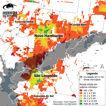 Mapa de São Leopoldo e Novo Hamburgo, no RS; bairros mais pobres foram os mais atingidos