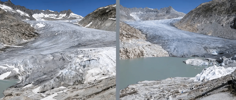 A geleira Rhone, na Suíça, em imagens de 2015 (e) e de 2023