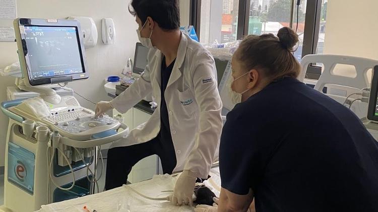 Lucas Xavier realiza um exame de imagem para verificar a gravidade do caso de Maiorzinha, enquanto Salete o auxilia Lucas Xavier realiza um exame de imagem para verificar a gravidade do caso de Maiorzinha, enquanto Salete o auxilia