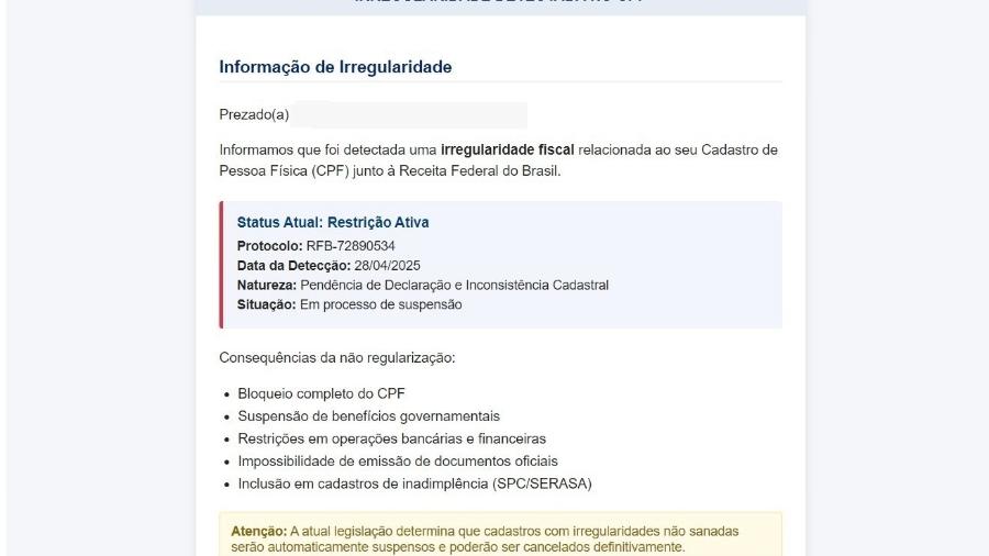 Criminosos usam mensagens alarmistas para atrair a atenção das vítimas e induzi-las ao erro; Receita Federal não envia e-mails e nem mensagens do tipo Criminosos usam mensagens alarmistas para atrair a atenção das vítimas e induzi-las ao erro; Receita Federal não envia e-mails e nem mensagens do tipo