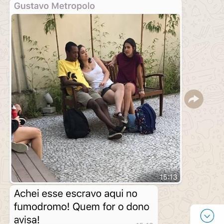 Foto e mensagem de whatsapp com mensagem racista enviada em grupo de estudantes da FGV chama estudante de escravo - Reprodução - Reprodução