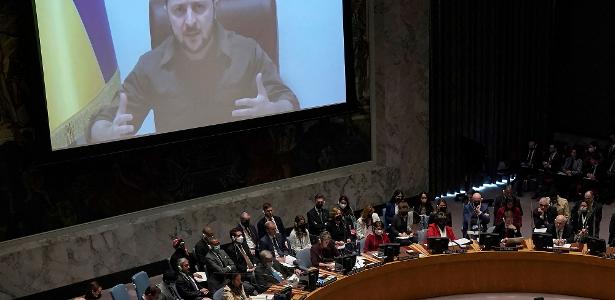 5.abr.2022 - Volodymyr Zelensky em reunião do Conselho de Segurança da ONU