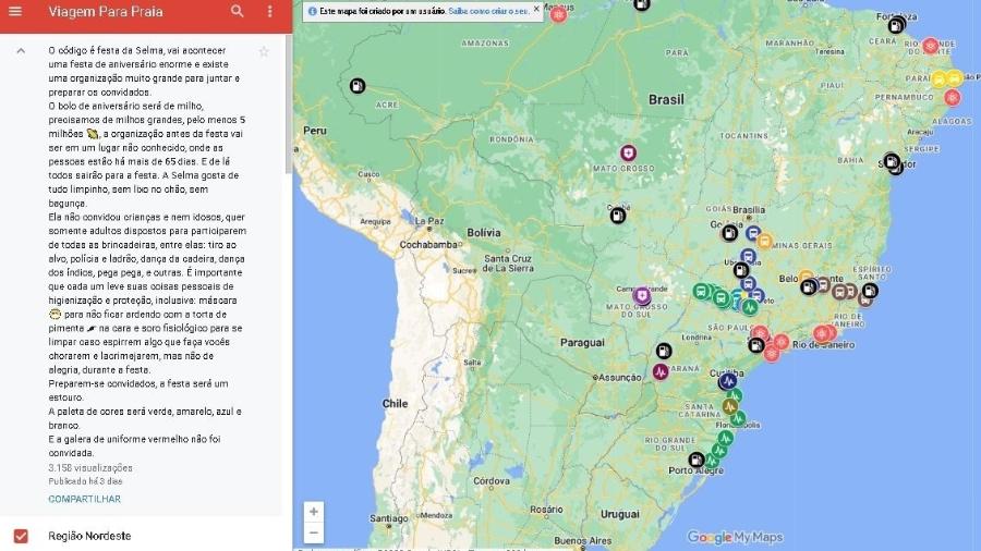 Mapa online "Viagem Para Praia", que lista locais de saída de ônibus para atos golpistas e contatos de organizadores - Reprodução