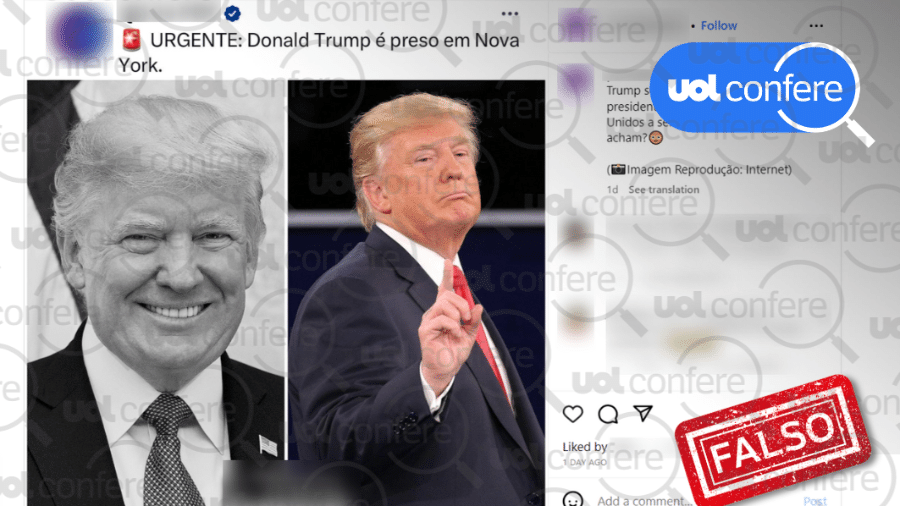 06.abr.2023 - Trump não foi preso. Ele se apresentou à Corte Criminal de NY, se tornou réu e foi liberado - Arte/UOL Confere sobre Reprodução/Instagram