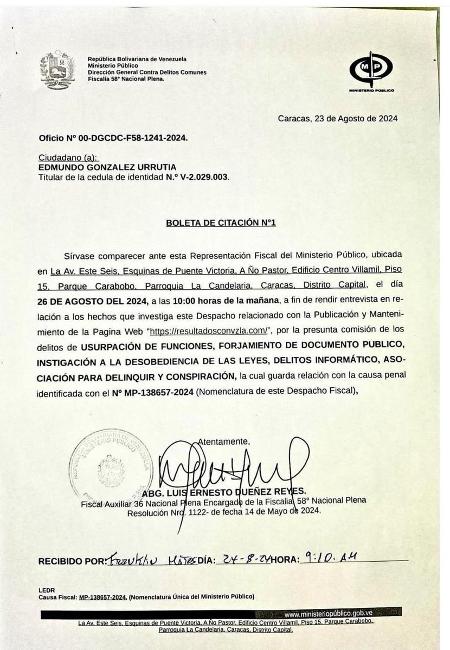 Documento convoca Edmundo Gonzalez a prestar depoimento nesta segunda (26)