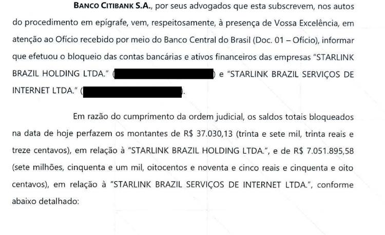 Citibank comunicou ao STF valor bloqueado das contas da Starlink no Brasil