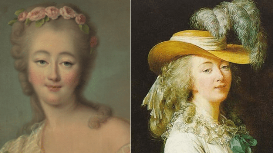 À esquerda, retrato de Madame du Barry por François-Hubert Drouais. À direita, Madame du Barry retratada por Élisabeth Vigée-Lebrun em 1781 - Divulgação/Museo Del Prado e Wikimedia Commons