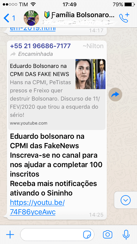 Link para canal no Youtube repercute declarações do deputado Eduardo Bolsonaro sobre os ataques contra jornalista da Folha na CPI mista das Fake NEws - Reprodução 