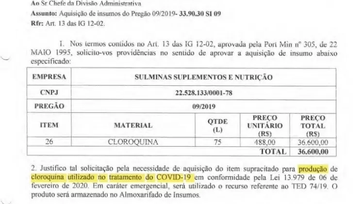 Documento do Exército mostra que produção de cloroquina foi aumentada para combate à Covid-19, e não à malária - Reprodução - Reprodução