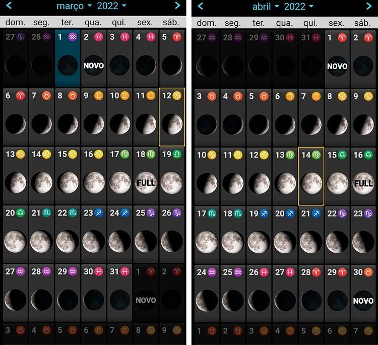 Calendário lunar obtido no aplicativo "Fases da lua" - Reprodução - Reprodução