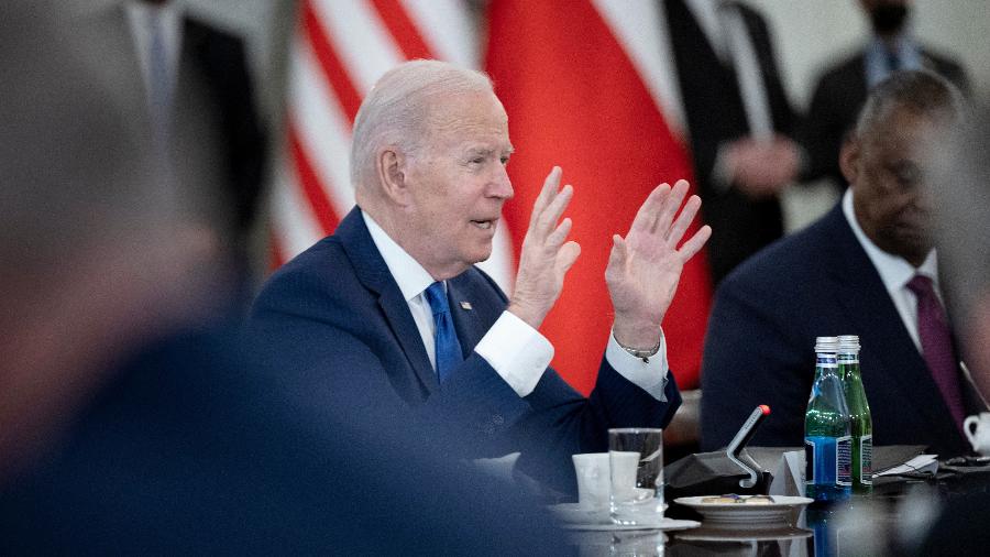 26 mar. 2022 - Presidente dos Estados Unidos, Joe Biden, durante reunião no Palácio Presidencial da Polônia, em Varsóvia - Brendan Smialowski/AFP