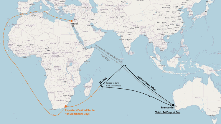 Mapa mostra alteração na rota de navio que transportava animais 