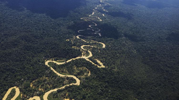 Vista aérea do rio Mucajaí, cujas águas barrentas indicam a presença de garimpo, na região de Surucucu, dentro da Terra Indígena Yanomami