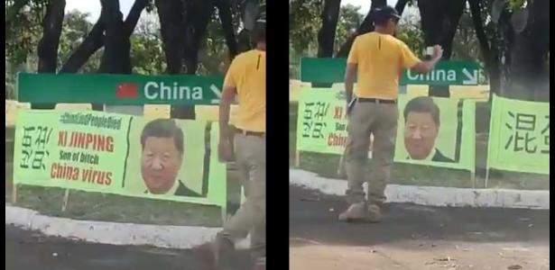 Faixas ofendem político da China em embaixada, que chama ato de 