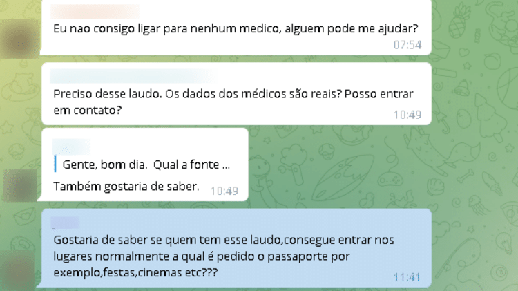 28.jan.2022 - Interesse no laudo de isenção vacinal interessa membros do canal do Médicos pela Vida no Telegram que desejam circular em bares, festas e restaurantes mesmo sem as doses da vacina em dia - Reprodução / Telegram Médicos pela Vida - Reprodução / Telegram Médicos pela Vida