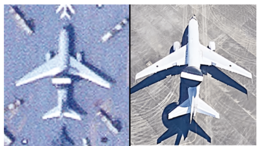 À esquerda, objeto encontrado em área desértica da China; à direita, o E-767 na base área de Hamamatsu, no Japão - Reprodução/Nikkei Asia