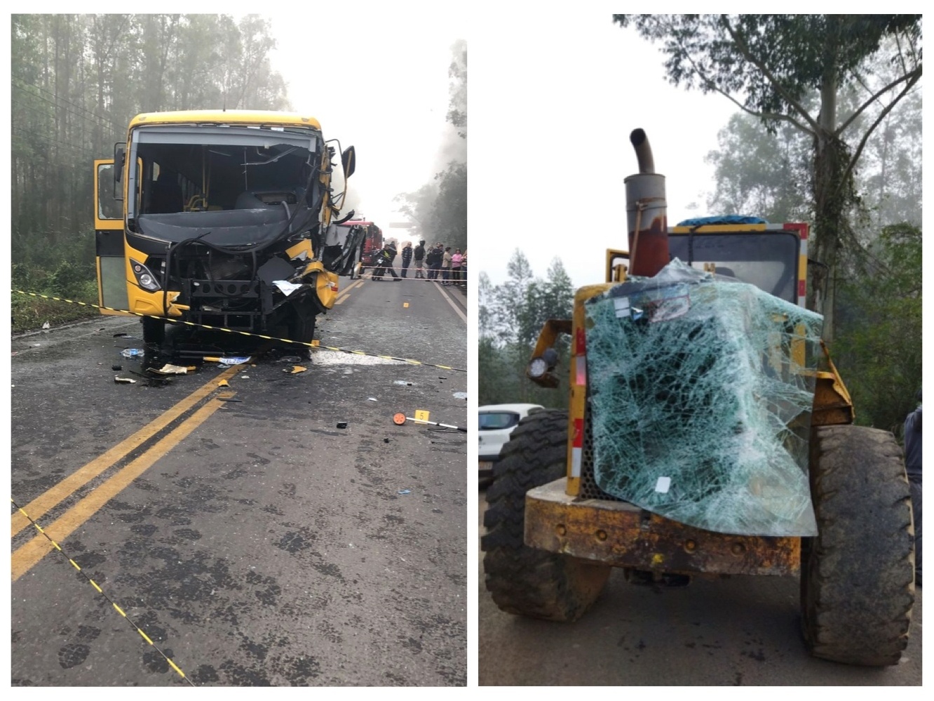 Motorista de ônibus escolar bate em carreta e fica gravemente
