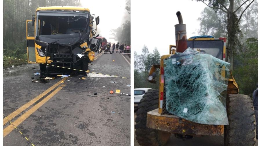A Polícia Rodoviária de Santa Catarina investiga as causas do acidente que envolveu um ônibus escolar e uma retroescavadeira - Reprodução/PMR-SC