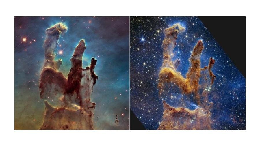 Imagens dos telescópios Hubble (esq.) e Webb (dir.): os detectores infravermelhos do novo telescópio podem ver além da poeira dos pilares - STSCI