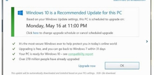 Mensagem da Microsoft para recomendar usuários da atualização do Windows 10 - Microsoft