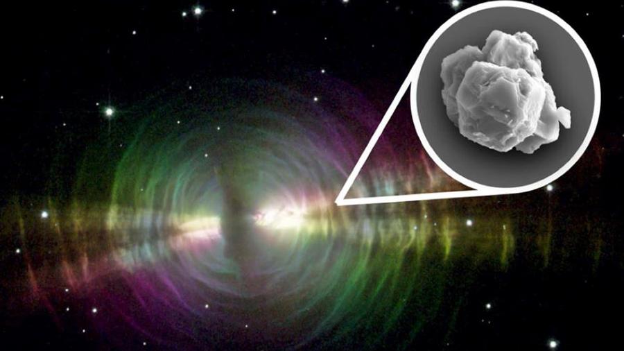 Imagem divulgada pela Nasa mostra exemplo de nebulosa e, em destaque, o grão pré-solar descoberto na Austrália - Nasa/W Sparks/R Sahai/PA