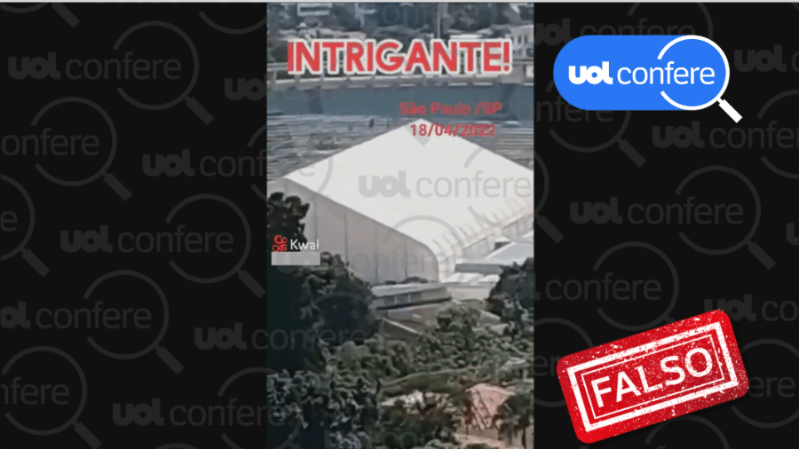 19.abr.2022 - É falso que tenda no estádio do Pacaembu, em São Paulo, seja hospital de campanha; equipamento receberá shows - Arte/UOL sobre Reprodução/Kwai