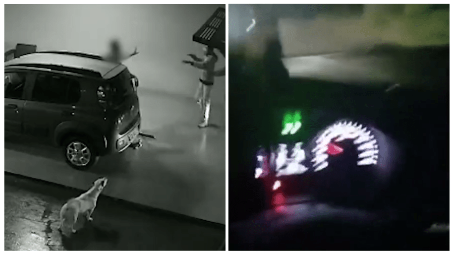 Imagens da câmera de segurança (à esquerda) e do vídeo postado pelo suspeito nas redes (à direita) - Reprodução/TV Record