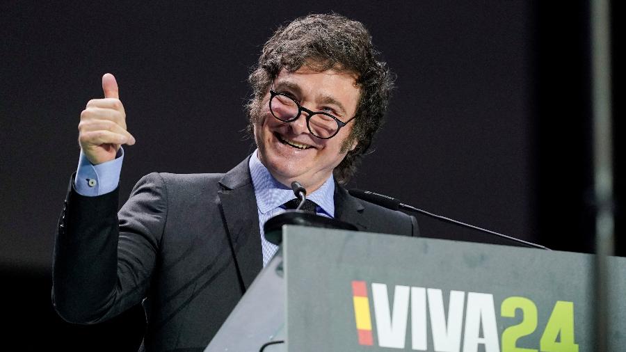 19.mai.2024 - O presidente da Argentina, Javier Milei, durante evento do Vox em Madri, na Espanha - Ana Beltran/Reuters
