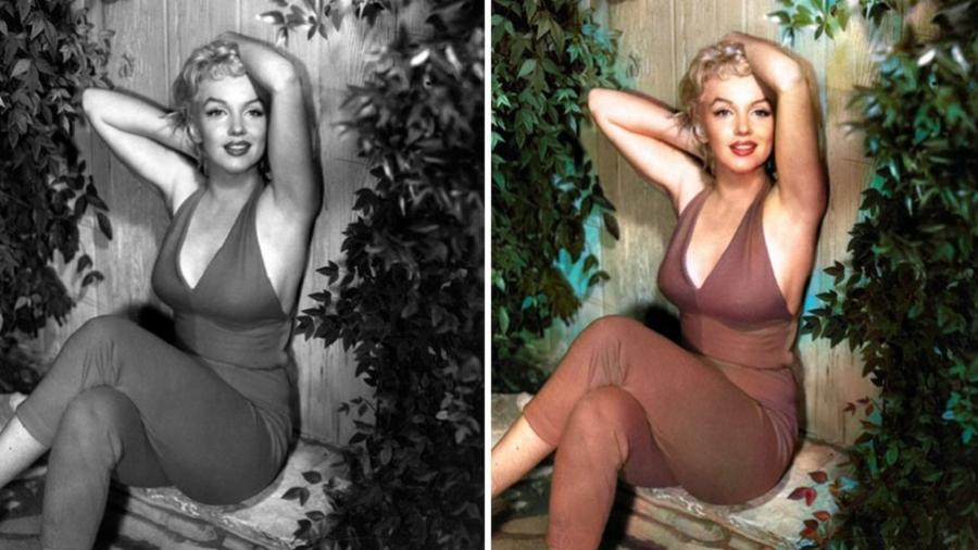 Foto de Marilyn Monroe antes e depois de passar por inteligência artificial Deep AI, que coloriza imagens em preto e branco - Reprodução/Bored Panda