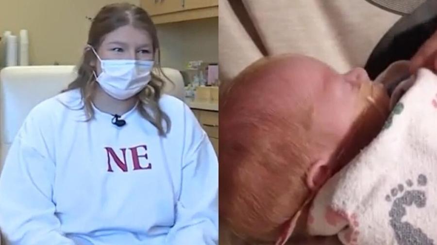 Peyton Stover, 23, descobriu gravidez dois dias antes de dar à luz ao filho, Kash, em Nebraska - KETV/Reprodução de vídeo