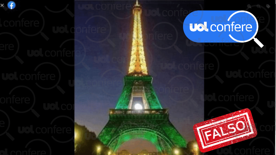9.nov.2022 - Torre Eiffel não foi iluminada em homenagem a Lula - Arte/UOL sobre Reprodução/Facebook