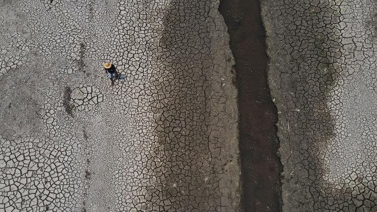 Morador caminha em área seca de afluente do rio Negro, em Iranduba (AM)