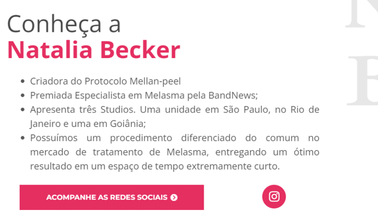 Site de Natalia Becker diz que ela é premiada e especialista em melasma - Foto: Reprodução/Site