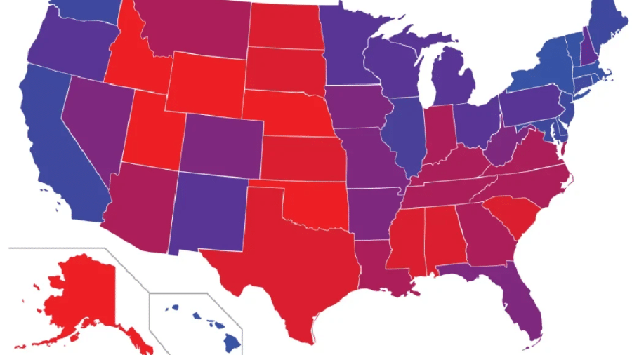 Estados que apoiam os partidos Republicano (vermelho), Democrata (azul) ou os dois (roxo)